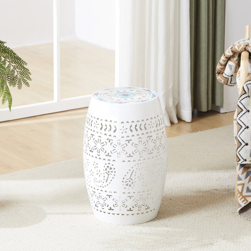 Table d'appoint moderne blanche avec carreaux de céramique et décorations en fer, Blanc
