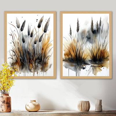 «Pampas Grass by the Pond at Sunset - Abstract Botanicals», ensemble de 2 reproductions sur toile