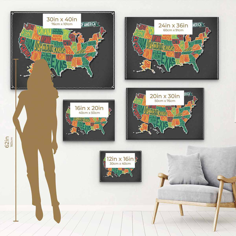 «Theophanes» multicolore, carte des États-Unis, art mural sur toile 8846, Cadre flottant noir, H 24 po x l 36 po
