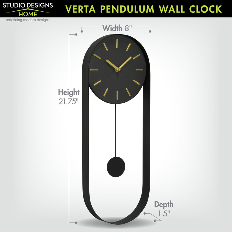VERTA Modern Pendulum Wall Clock, Minimalist Black Iron Wall Clock with Gold Accents, Quartz Movement, Swinging Pendulum, 21.75″ Tall