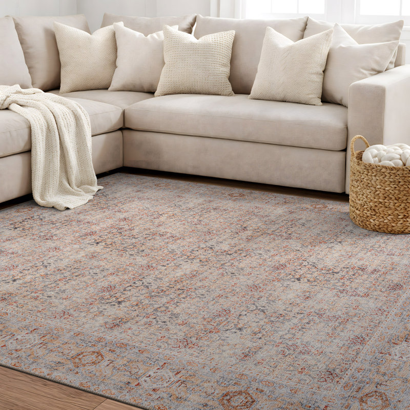 Delano Terracotta Floral Pattern Rug – Washable Low Pile Rug With Non-Slip Backing, Rectangle 5' x 7'