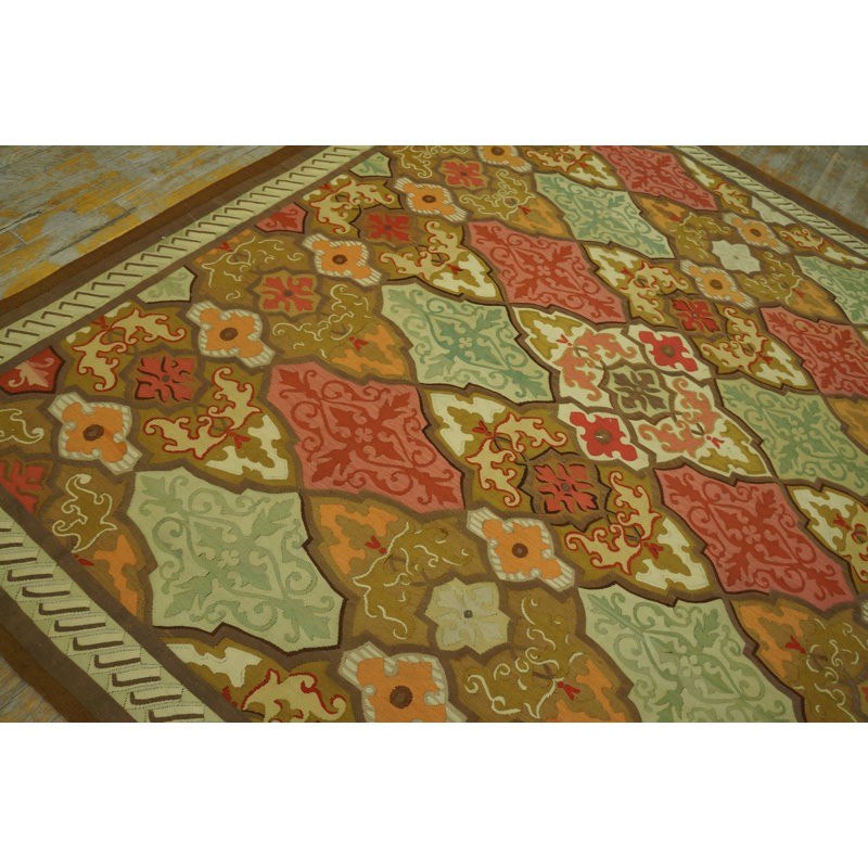 Artistic Antique Geometric Pattern Square Shape French Aubusson Flat Weave Rug