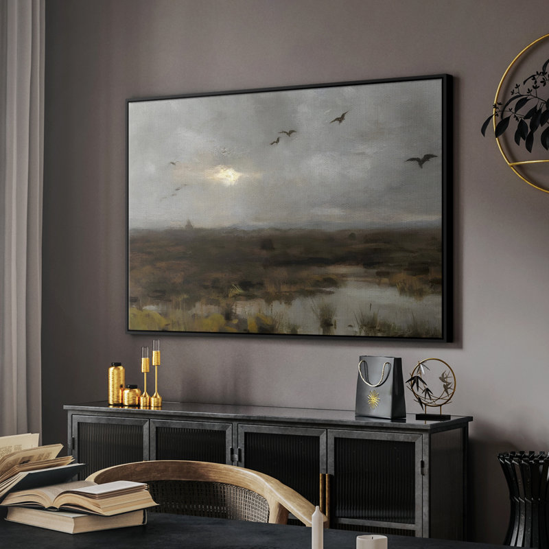 Paysage rétro-DLXIX, Toile avec cadre flottant noir, H 27 po x l 41 po x P 2 po