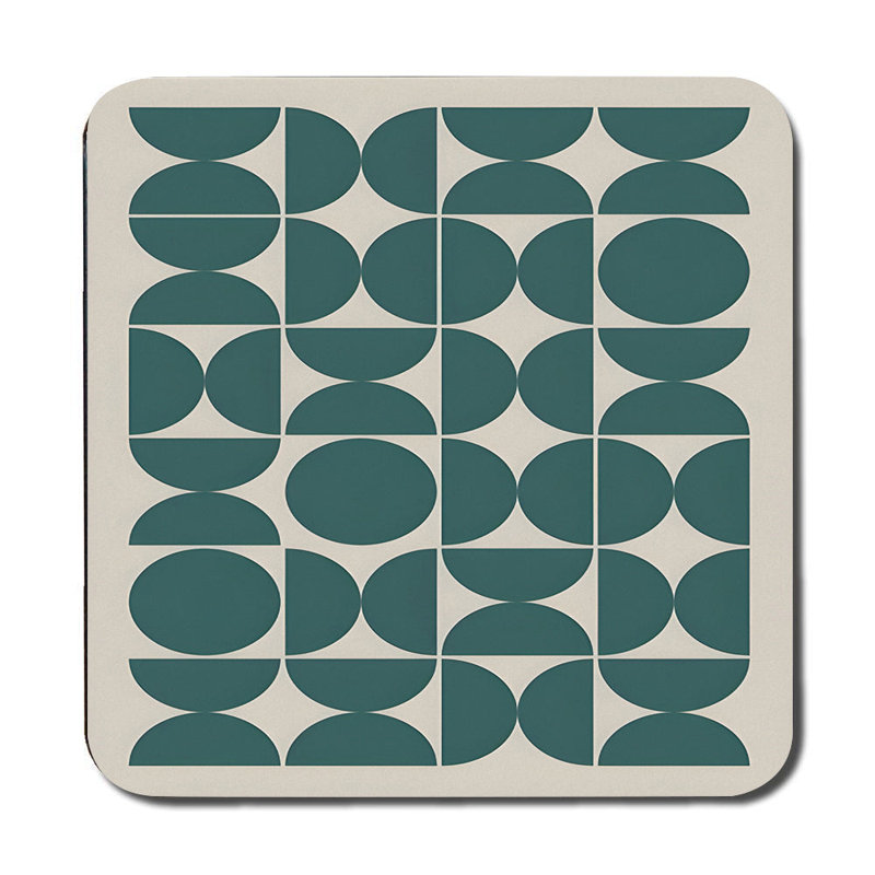Placemat and Coaster Set of 12 in Teal Geometric Circles with Wood Bottom Exclusive Designer Artwork Collection