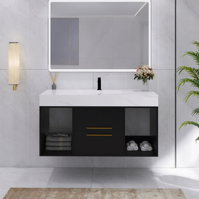 39‘’Wall Mounted Bathroom Vanities With Ceramic Sink, Black
