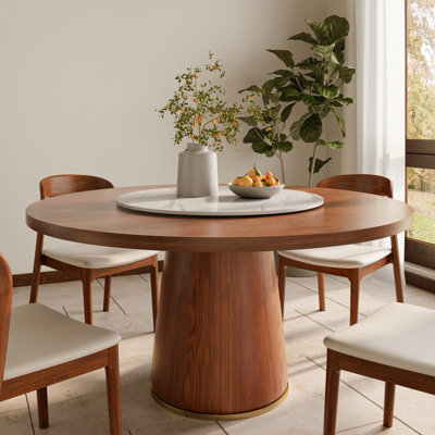Bobrow Solid Wood Walnut Color Round Desktop Pedestal Dining Table With Removable Stone Lazy Susan
