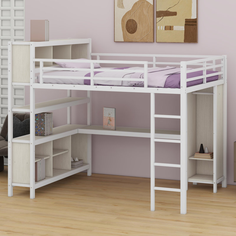 Space-Saving Loft Bed Featuring Built-In Closet, Study Desk, And Organizational Cubes, White Straight Grain