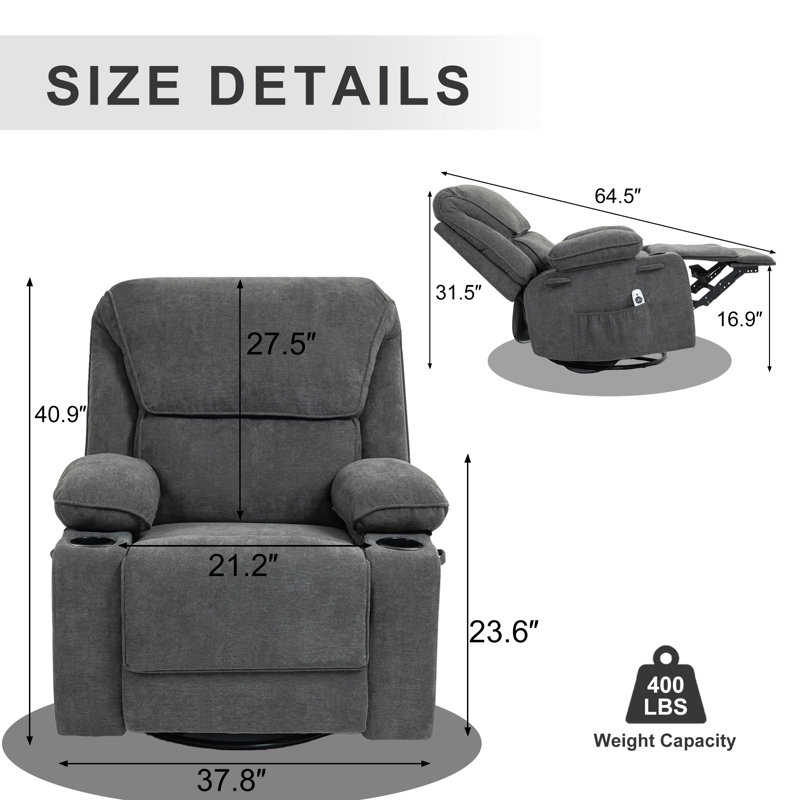 Modern Heated Massage Swivel Rocker Recliner with cup holders, Dark Gray