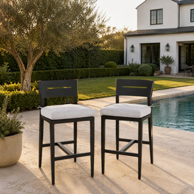 Modern Outdoor Bar Stool with Aluminum Frame and Sunbrella Cushion, 29.5" Bar-Height Patio Stool, Ember Black