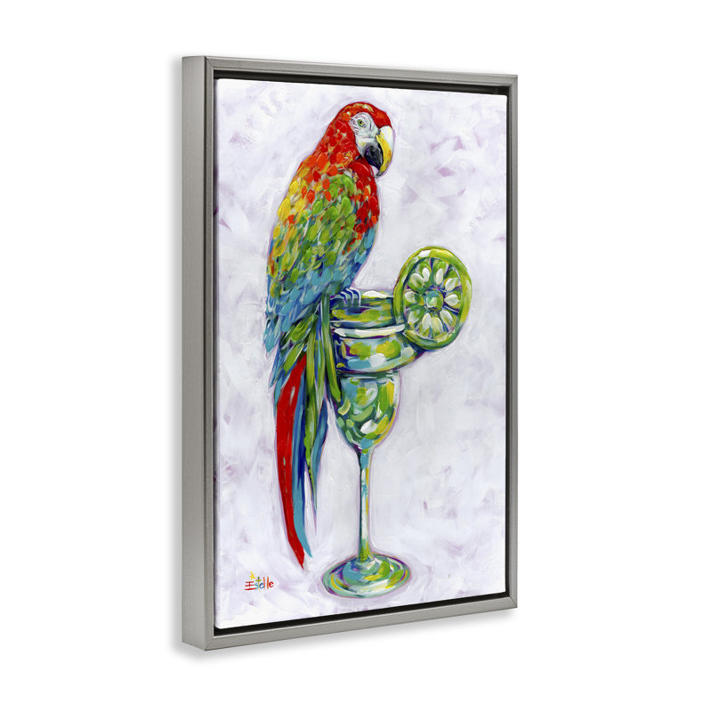 Toile perchée Margarita perroquet par Estelle Grengs, Cadre flottant gris lustré, H 25 po x l 17 po