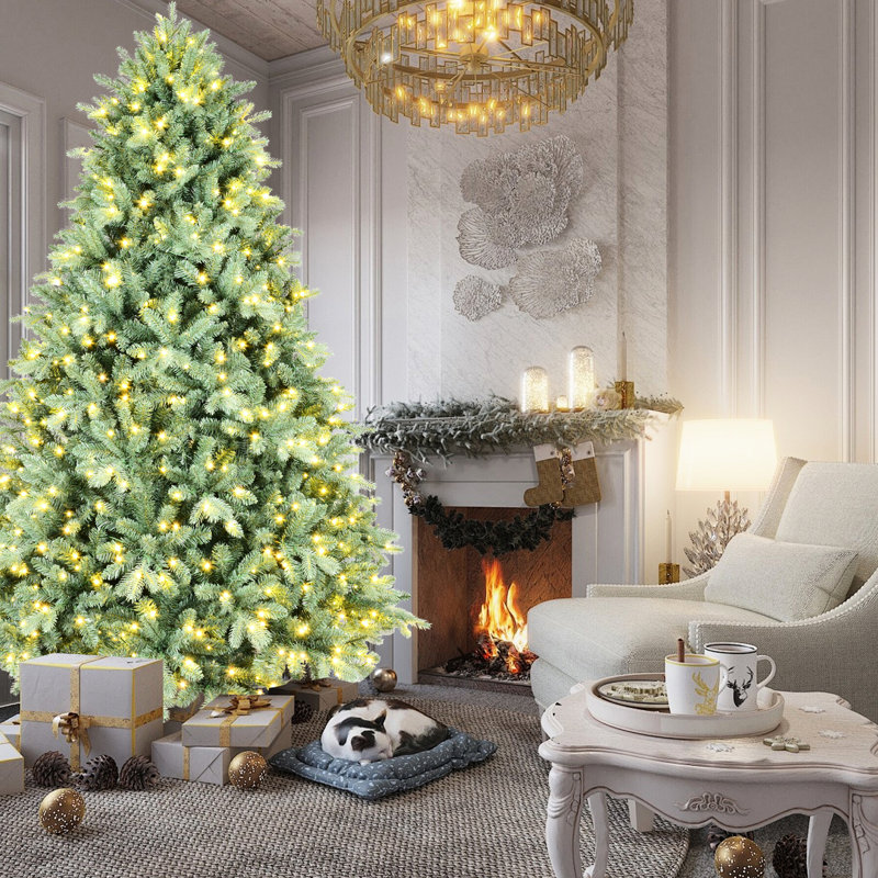 Arbre de Noël bleu 9 pi avec 1150 lumières blanc chaud, 4368 pointes, branches à charnières faciles, lumières à DEL pour installation rapide, présentoir en métal stable