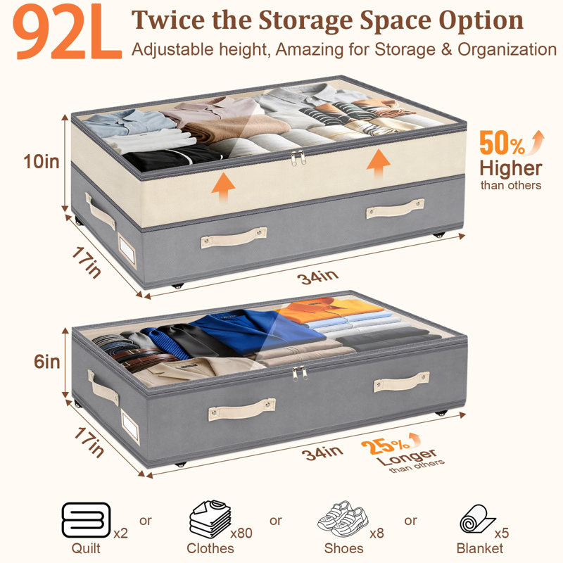 Ensemble de 2 rangements sous le lit avec roulettes, contenants de rangement sous le lit réglables en hauteur de 6 à 10 po, bac roulant à roulettes sous le lit 92 L XXXL avec couvercles transparents, gris blanc