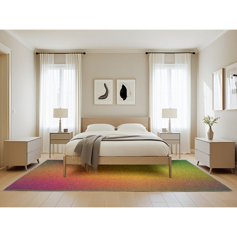 Tapis jaune/vert/rose à motifs, Rectangle 5 pi x 8 pi