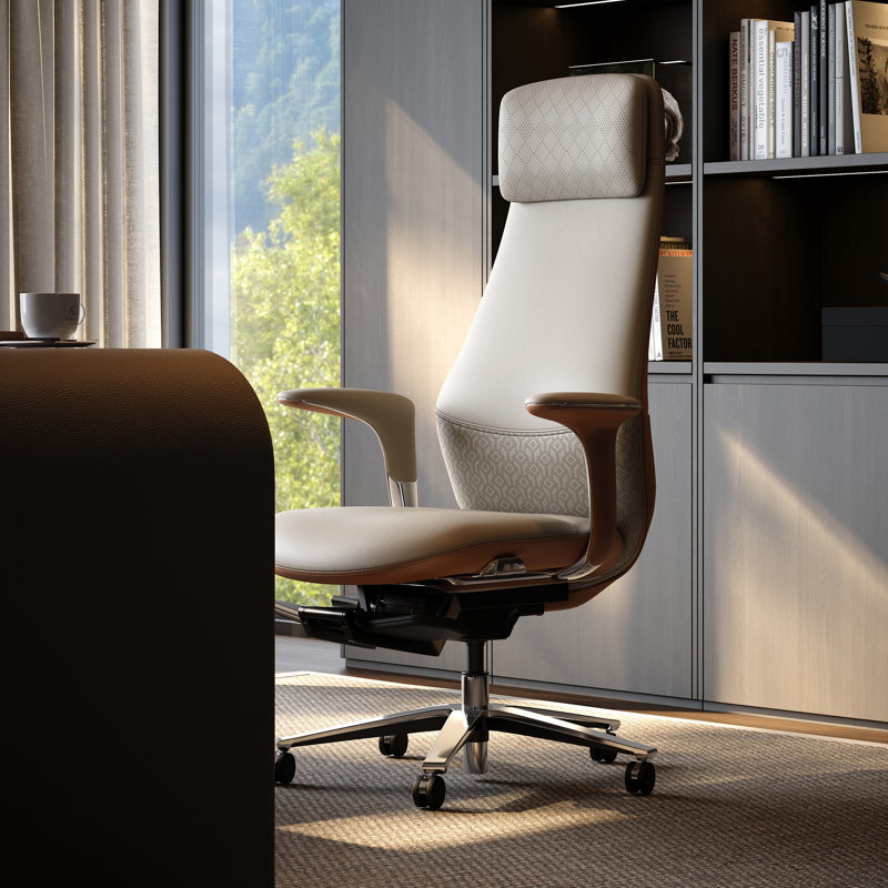 Executive Office Chair with Foot Rest, Top Grain Genuine Leather Office Chair, Ergonomic High Back Design. Real Leather, Wheels, Alumium Base. Padded Armrest, Luxury and Comfy