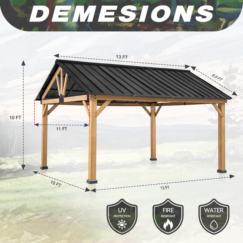MeetLeisure 13 ft. x 11 ft. Cedar Wood and Black Steel Gazebo