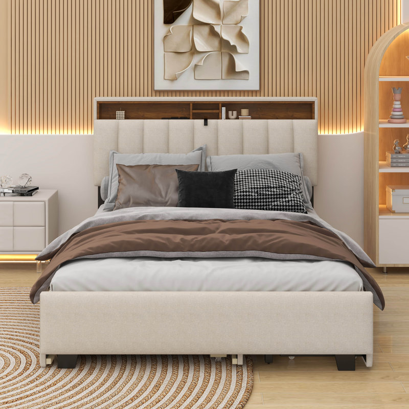 Lit plateforme tapissier double avec tête de lit, gigogne simple et 2 tiroirs, Beige