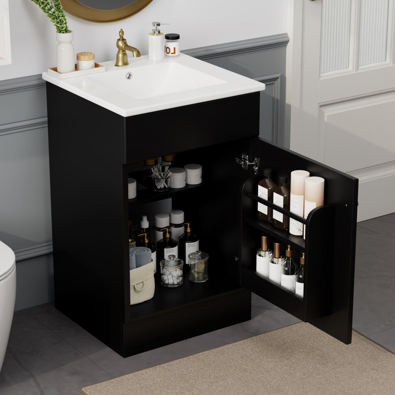 Meuble-lavabo de 50 cm avec lavabo en céramique noire. Meuble de rangement. Étagère de porte et tablette réglable. Revêtement imperméable pour la vasque. Meuble-lavabo noir. Vasque. Surface lisse et résistante aux taches. Silencieux