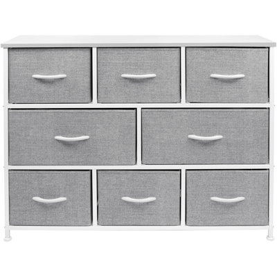 Commode Sorbus avec 8 tiroirs - Meuble de rangement pour la commode pour chambre à coucher, couloir, structure en fer, plateau en bois de style campagnard rustique, bacs en tissu (blanc)