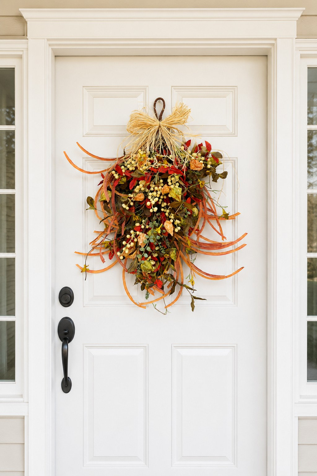 24" Rustic Autumn Teardrop Roses Floral Swag with Artificial Berries and Natural Raffia, Indoor Hanging Floral Decor for Door, Wall, and Window