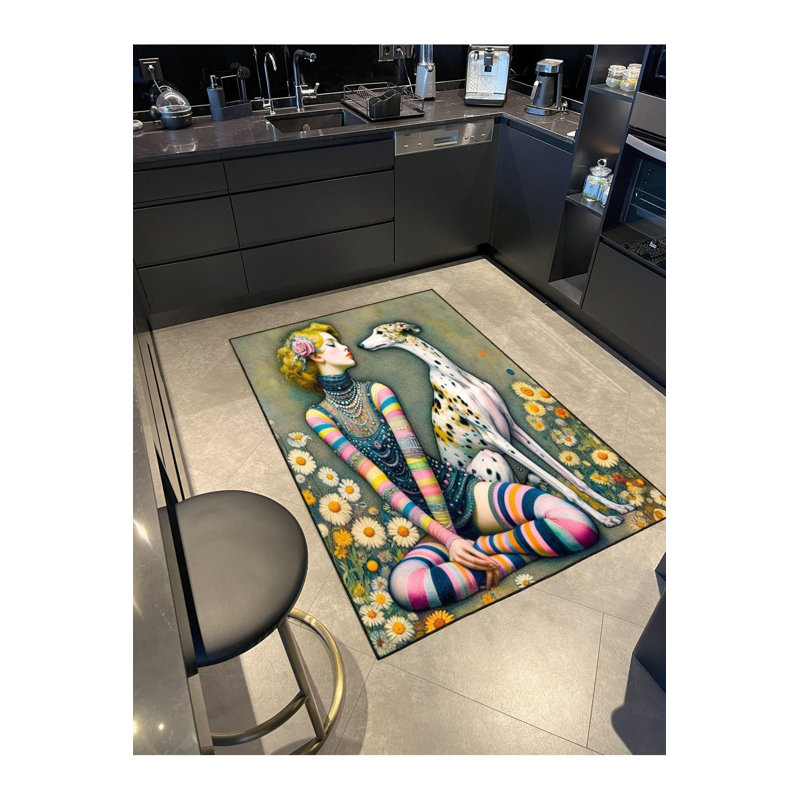 Colourful Girl and Dog Patterned Decorative Machine Washable Rug, Rectangle 3'11" x 5'11" Rug Pad Included