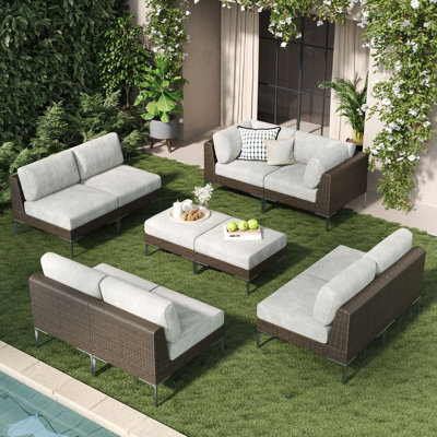  10-piece Wicker Rattan Patio Furniture Set, Deep Seating Outdoor Modular Sectional Sofa Conversation Set With Thick Cushions For Lawn, Garden