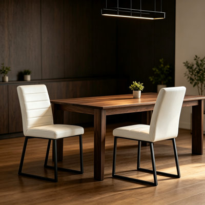 Modern PU Leather Dining Side Chairs, Channel Tufted High Back Kitchen Chairs with Black Metal Sled Legs, Set of 2