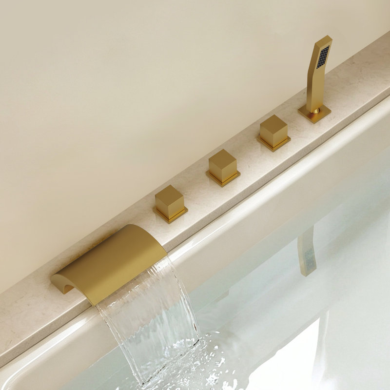 Deck Mount Waterfall Roman Tub Faucet with Hand Shower, Brushed Gold