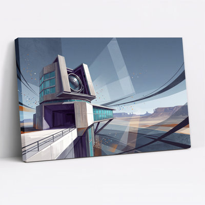Art mural sur toile, bâtiment futuriste avec lentille et particules dans le désert
