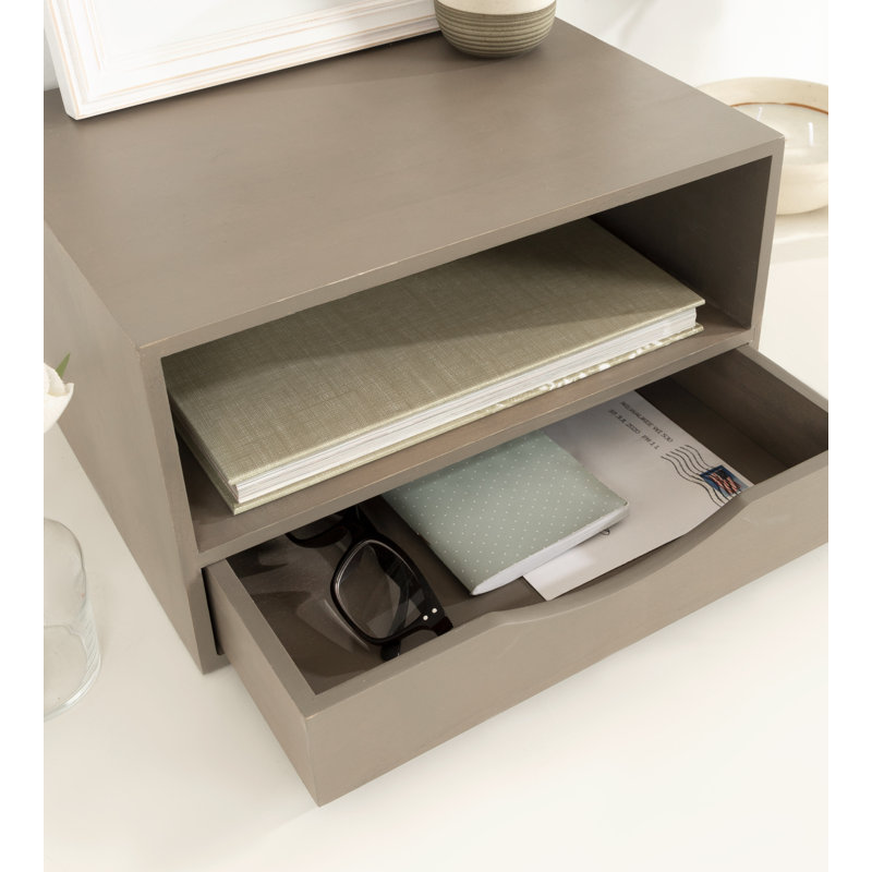 Adeana Poplar Solid Wood Floating Shelf with Drawer, Gray