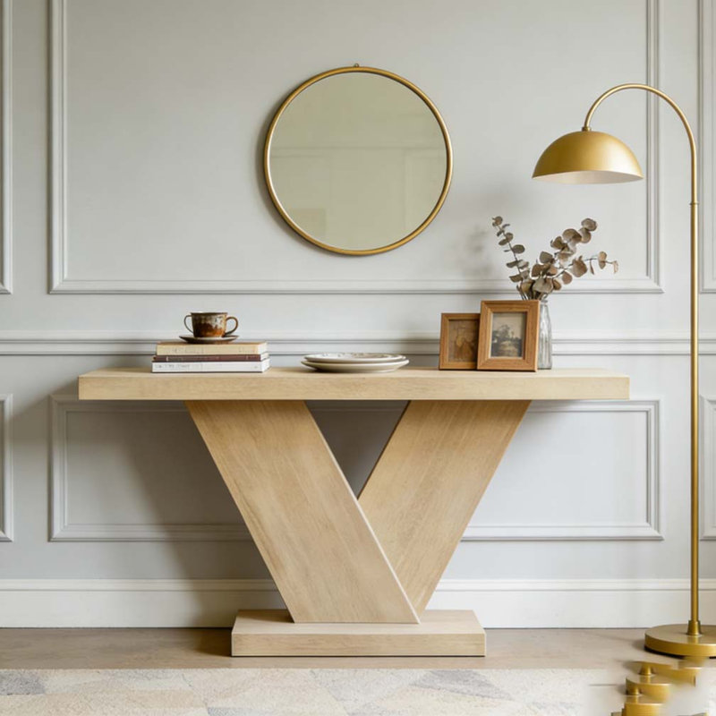66" L Modern X-Leg Console Table with Solid Wood Veneer, Oak Wash