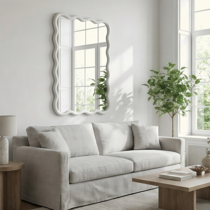 24"x36" Wavy Rectangle Solid Wood Frame Decorative Mirror,For Bedroom, Bathroom, Living Room, Entryway, Yellowish Brown