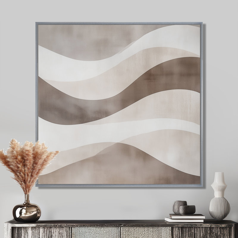 Neutral Abstract Wall Art, Wave Geometry Canvas, Minimalist Neutral Wave Geometry, Encadrement argenté, H 24 po x l 24 po