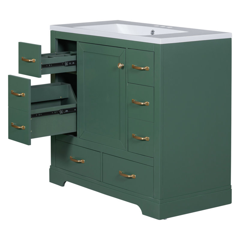 Bathroom Vanity with Sink Combo, Six Drawers, Multi-Functional Drawer Divider, Adjustable Shelf, Green
