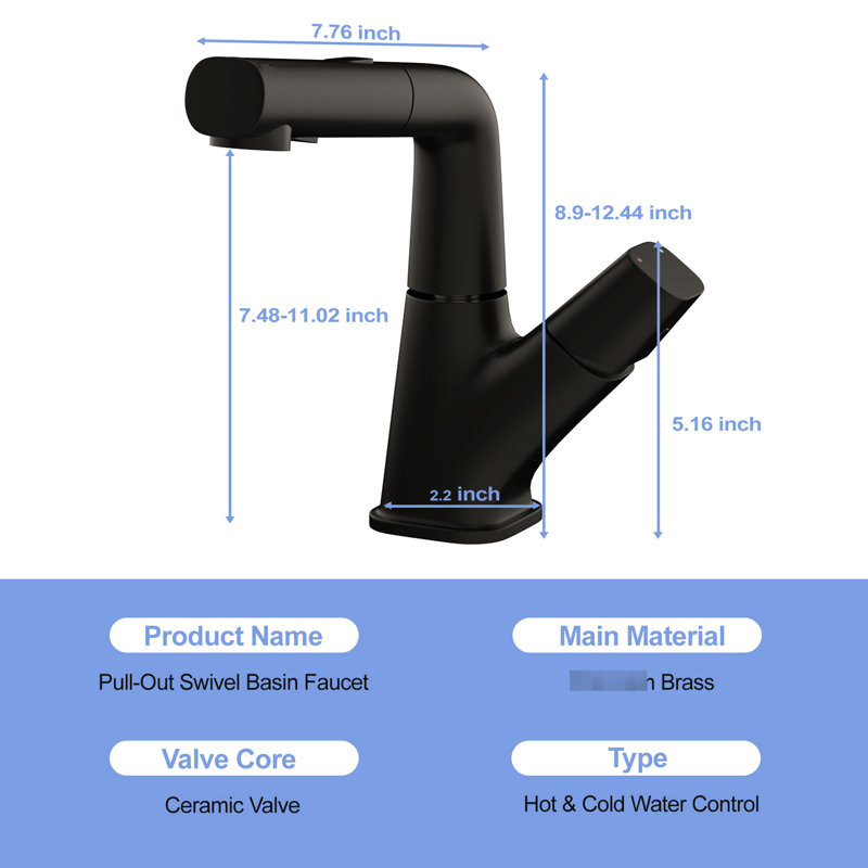 Pull - Down Bathroom Faucet With Matte Black Appearance, Three Water Settings, 360 Swivel Spout, Valve Way Mode Faucet, Rotating Long Term Reliability