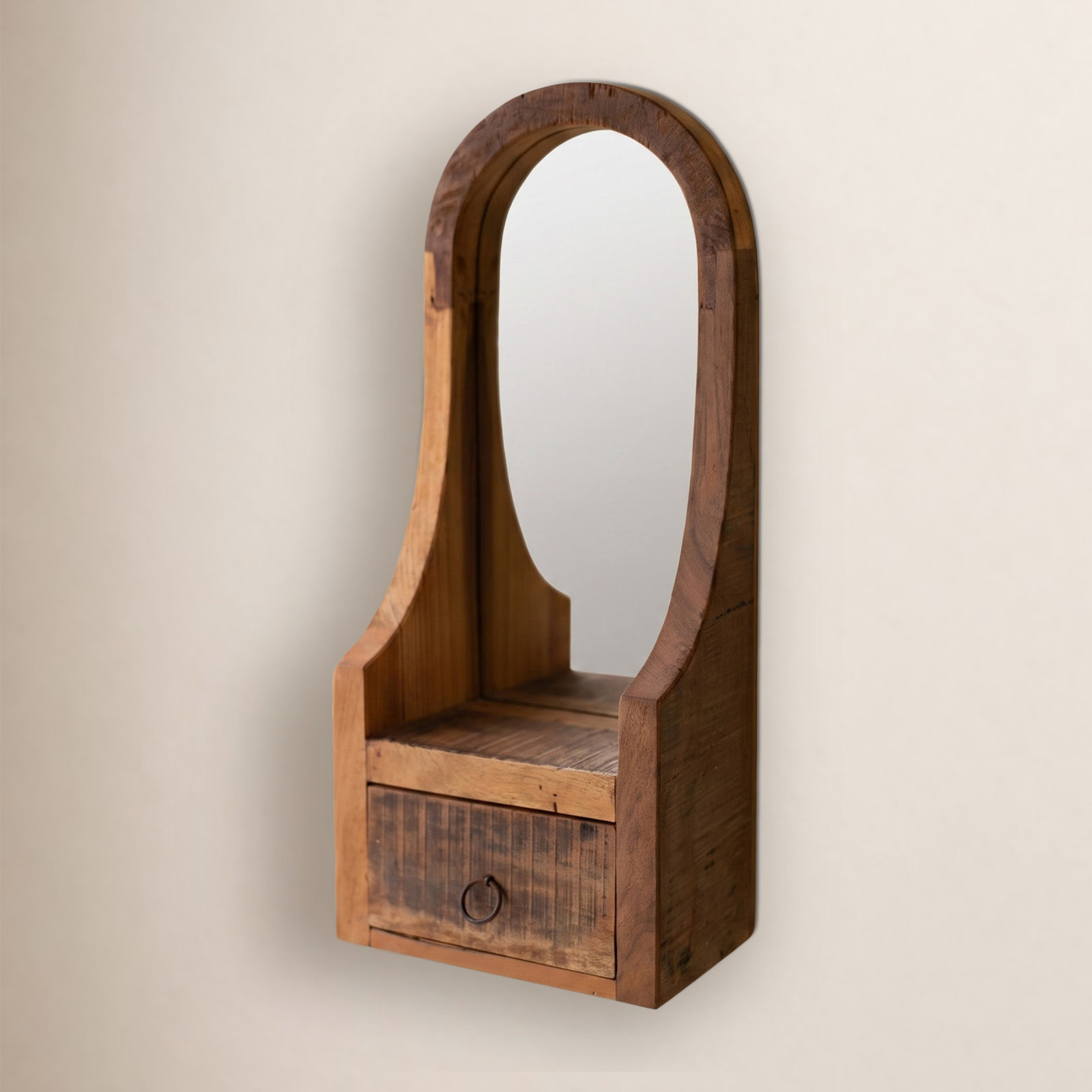 Arched Wood Framed Mirror with Storage Drawer