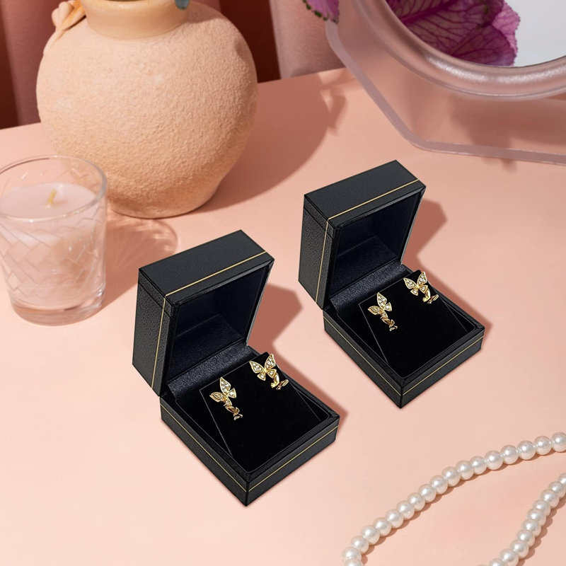 Boîte à boucles d'oreille classique 2 pièces avec papier de qualité supérieure, noir, Noir