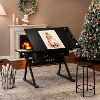 Drawing Desk For Home, Adjustable Tilt 0 - 75, 2 Large Size Drawers, Metal Storage Pens, Table Legs Uneven Surfaces, Stool With 150kg Capacity, Height 68cm 91cm, 38.37in Depth, 23.4in Width, 47lb