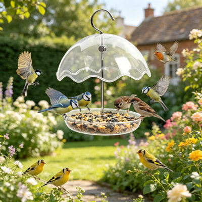 Hanging Platform Bird Feeder With Rain Shield, Adjustable Outdoor Seed Tray Feeder With Clear Dome, Large Capacity Plastic Bird Feeder For Wild Birds, Garden Porch Balcony