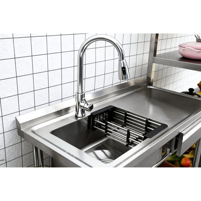 Freestanding Utility Sink 3 Made Of Stainless Steel With A Distinct Black And Silver Contrast, Large Compartment For Wide Usage Space, Pull - Out Faucet Cleaner Washing, Bottom Grille Pipe Storage,