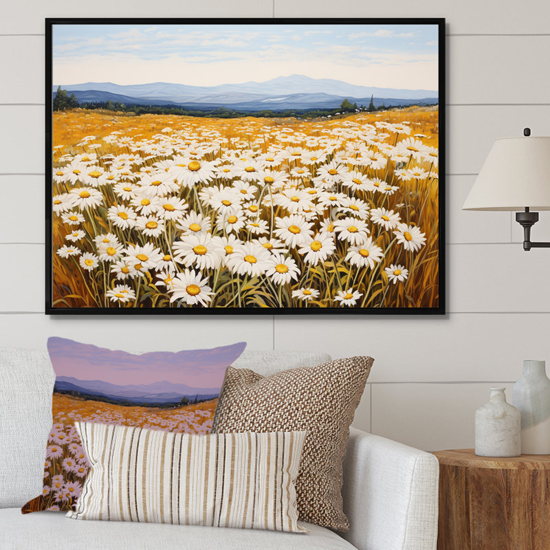 Symphonie de marguerites blanches sur le terrain, L 32 po x H 24 po x P 1 po, Cadre flottant noir