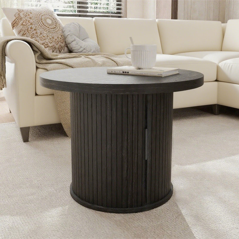 Tambour Design Round Coffee Table with Storage, Black, 17.7" H x 23.6" L x 23.6" W