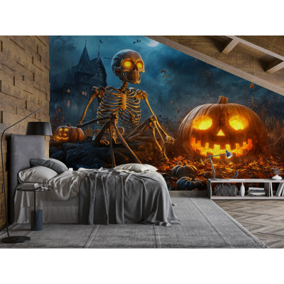 Papier peint Spooky Halloween - décoration murale squelette et citrouille-lanterne - décoration de chambre Spooky Halloween
