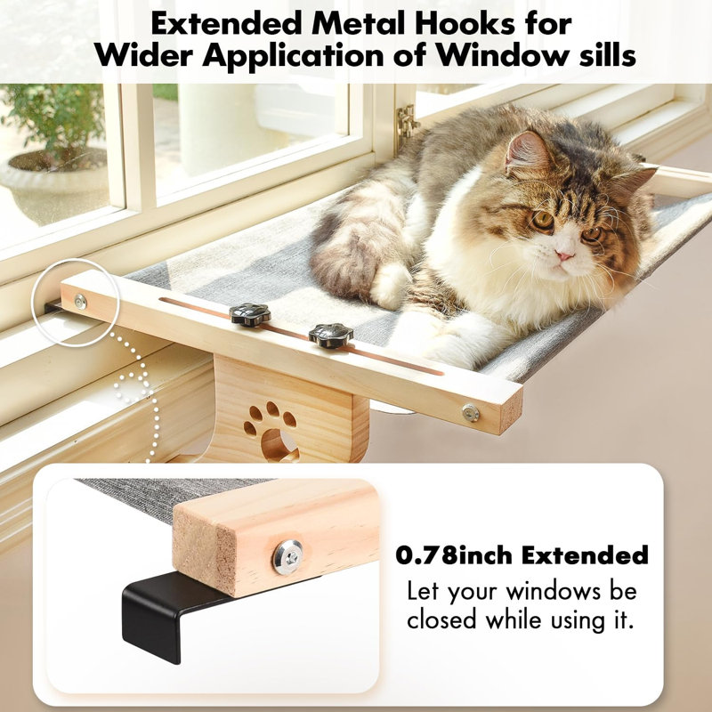 Perchoir de fenêtre pour chat avec cadre en bois et métal pour grand chat | Structure en bois massif, facile à ajuster, housse en molleton berbère lavable