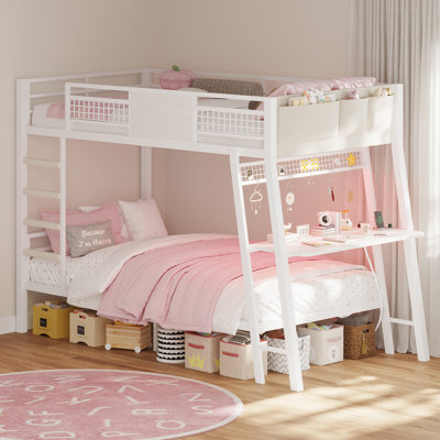 Lit simple avec bureau, lits simples superposés en métal avec prises de courant, lumières à DEL RVB, lit avec garde-corps de sécurité et échelles de 13,4 po, aucun sommier nécessaire