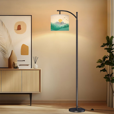 Arc Floor Lamp with Adjustable Lampshade Mountain Landscape Rising Sun Birds Soft Pastel Tones Standing Lamp 3 Colour Temperatures Dimmable Tall Pole Lamp with Foot Switch for Bedroom