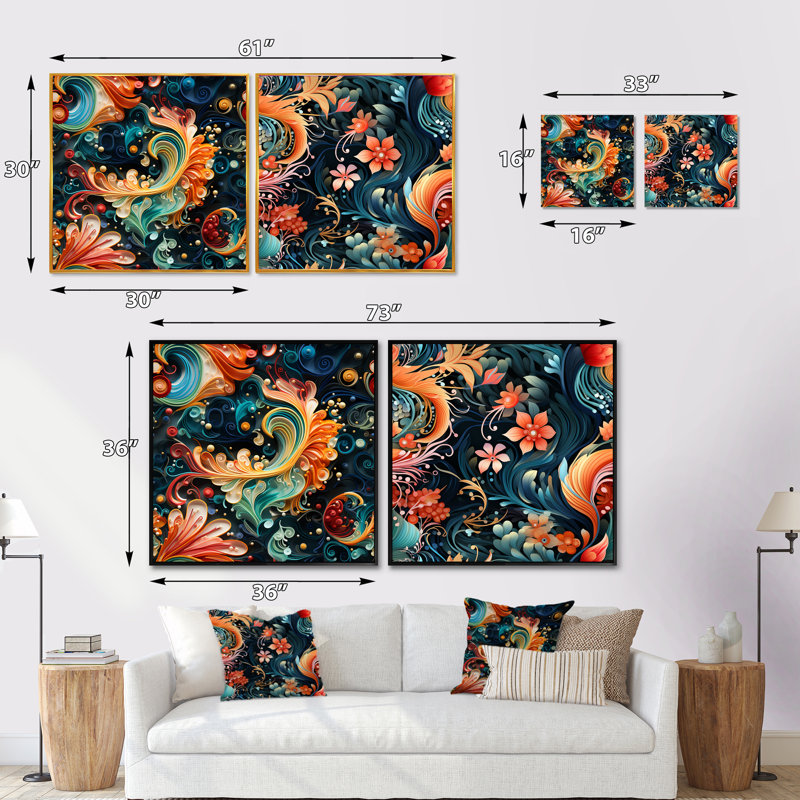 Gallego - Ensemble de 2 collages floraux et botaniques carrés, Cadre flottant noir, H 16 po x l 33 po
