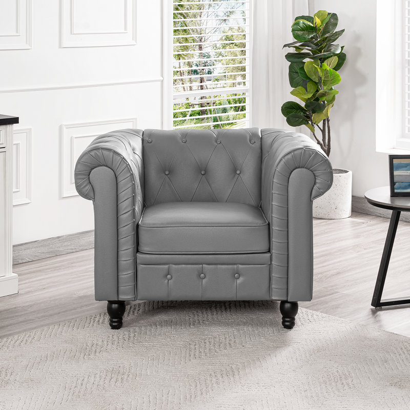 Fauteuil Chesterfield Sanner de style milieu du siècle – Fauteuil rembourré avec dossier capitonné et structure en bois