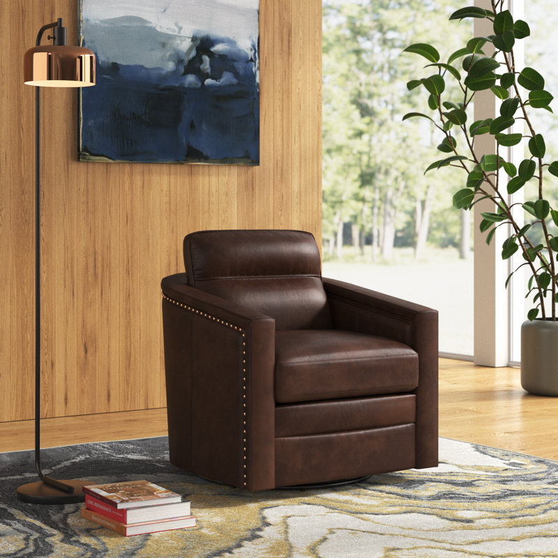 Alfonso 28.74'' Wide Genuine Leather Swivel Barrel Chair with Nailed Trim, Chocolate Genuine Leather