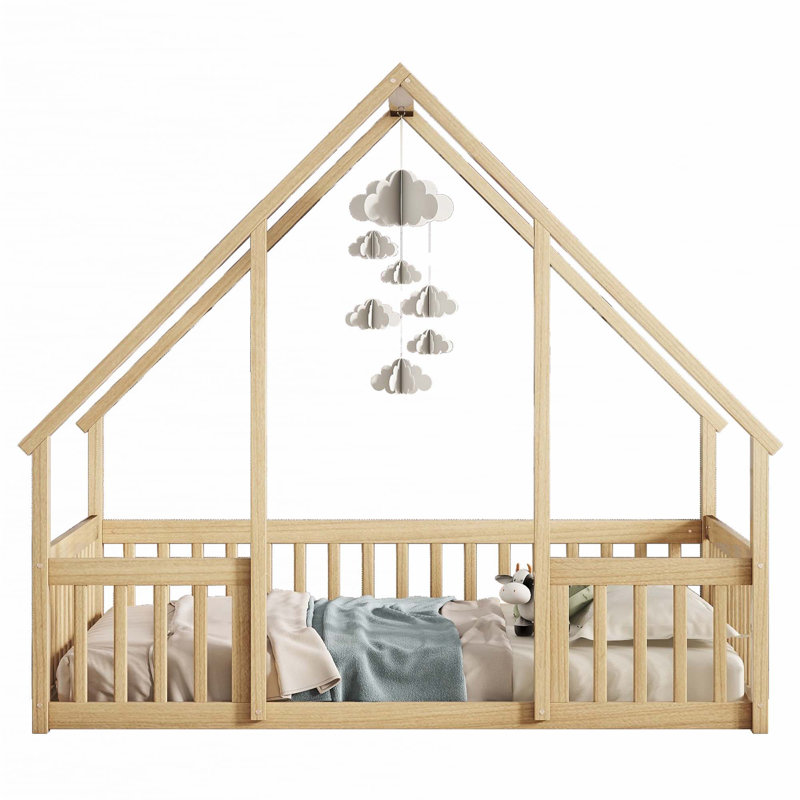 House-Shaped Floor Bed with Fence, Guardrails, Natural, Full