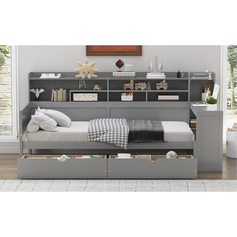 Lit de jour simple en bois avec tablettes de rangement, lit multifonctionnel avec deux tiroirs de rangement et bureau d'étude, gris